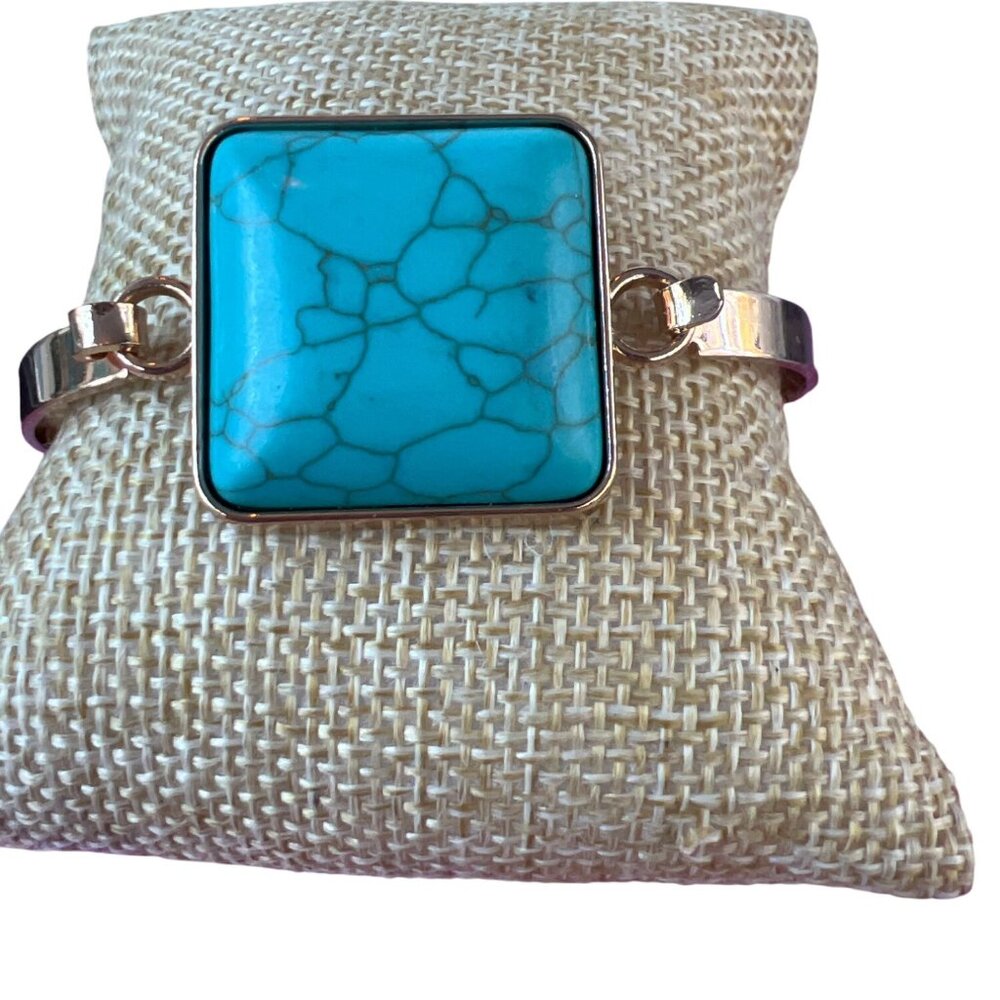 Gold Tone Bangle Bracelet Square Faux Turquoise Cabochon Hook Clasp 2.75" Across